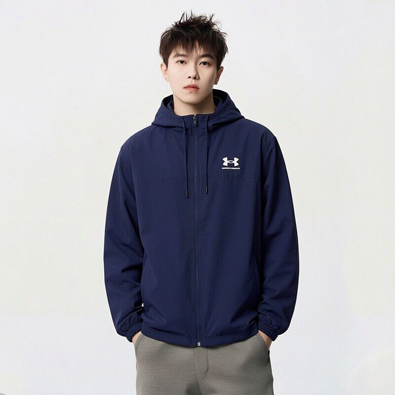 UA安德玛梭织速干外套男装2026夏季新款男士薄款蓝色连帽运动夹克