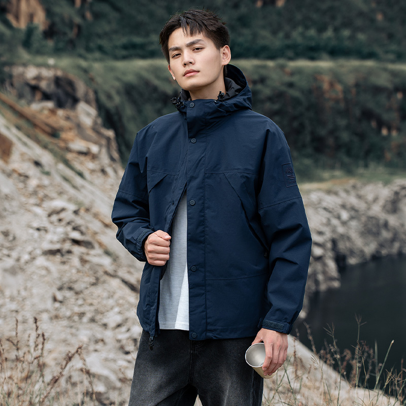 Timberland添柏岚户外冲锋衣男装露营外套防风夹克深蓝色运动服