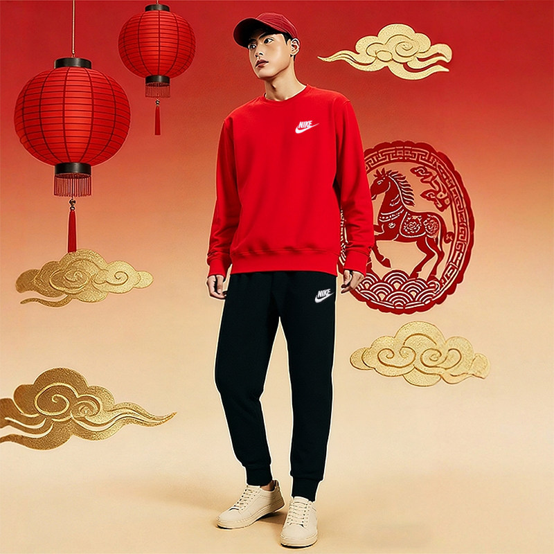 耐克新年款红色卫衣本命年男装圆领长袖套头衫长裤运动套装两件套,运动服/休闲服装,运动套装,淘宝优惠券,粉丝福利购,淘宝优惠卷