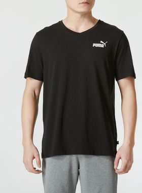 PUMA彪马短袖男装小V领T恤跑步运动服黑色休闲半袖男士上衣630562