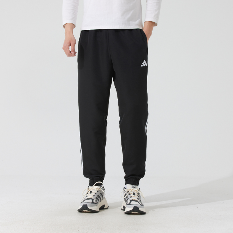 阿迪达斯官旗正品长裤男裤2025新款黑色速干运动裤三条纹束脚裤子