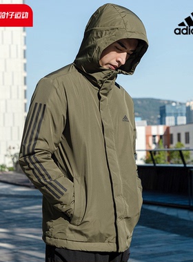 阿迪达斯棉衣男子春秋新款军绿色夹克三杠连帽运动外套IP2535
