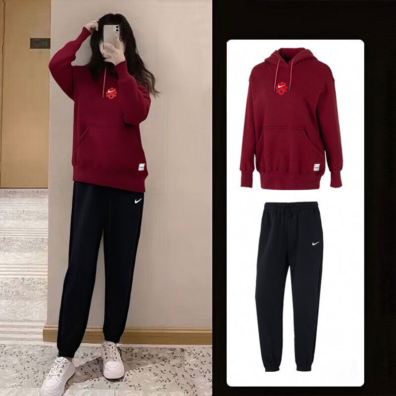 耐克女装加绒运动套装25冬新款舒适保暖卫衣套头衫宽松长裤两件套