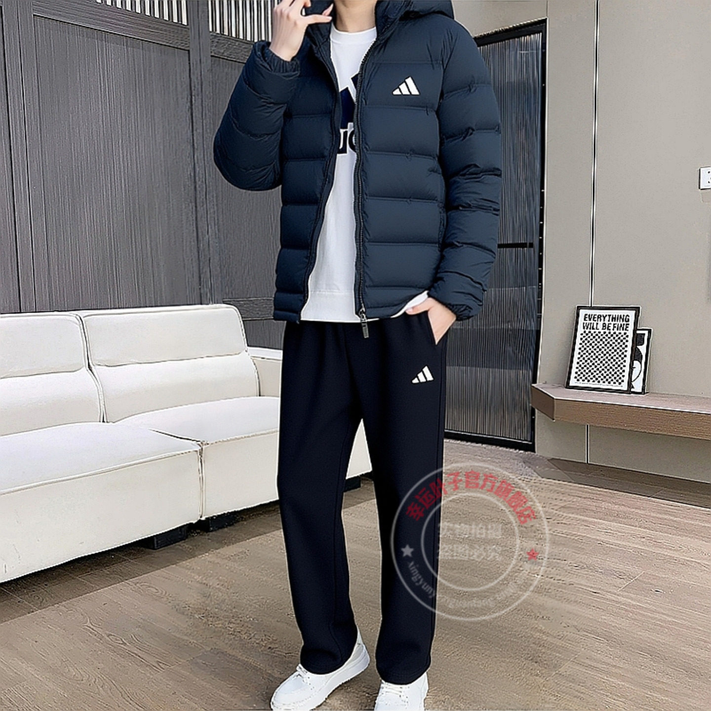 阿迪达斯男装运动套装2025新款羽绒服外套棉羽夹克直筒长裤两件套