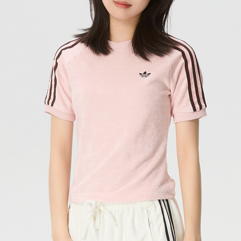 阿迪达斯三叶草女装短袖T恤26夏季新款粉色修身半袖运动服KD1410图片