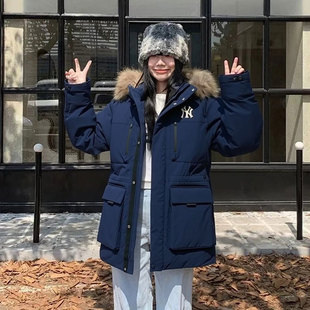 张康乐同款 MLB藏蓝色派克服工装 新款 25冬季 棉羽 羽绒服外套男女装