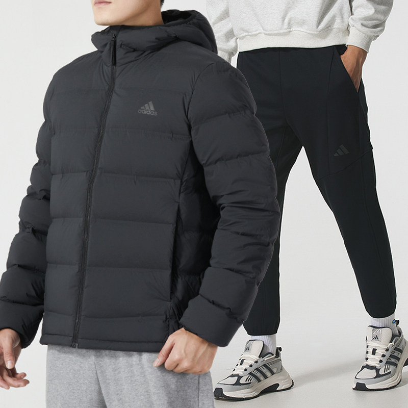 阿迪达斯运动套装男装冬季新款保暖羽绒服针织长裤束脚加绒裤子潮
