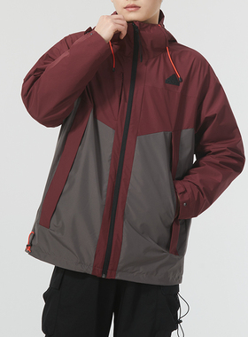 阿迪达斯中长款连帽外套男装新款运动服红色拼接防风衣夹克JE8577