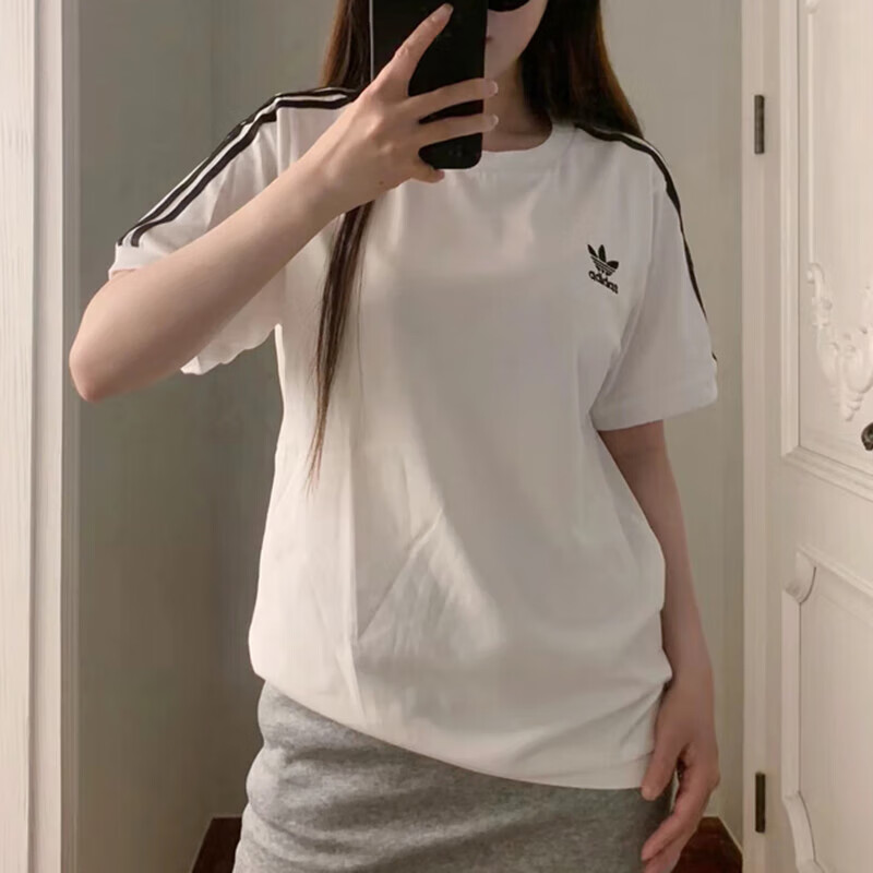 阿迪达斯三叶草短袖女秋季新款3 STRIPE TEE 圆领运动服女士T恤