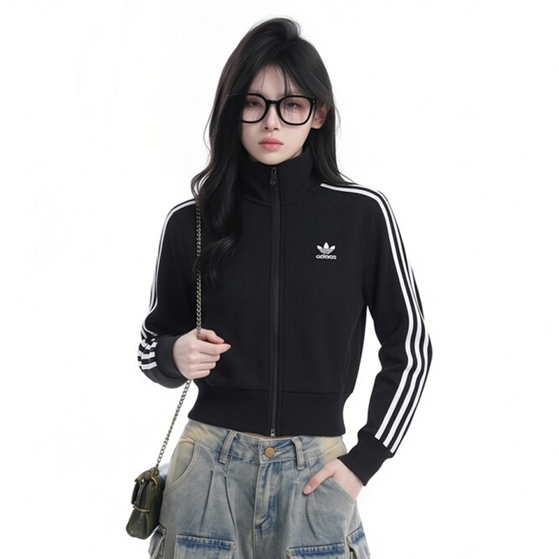 阿迪达斯三叶草针织夹克女装2026春季新款复古修身休闲运动服外套
