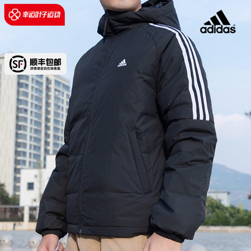 黑色连帽羽绒服阿迪达斯保暖男