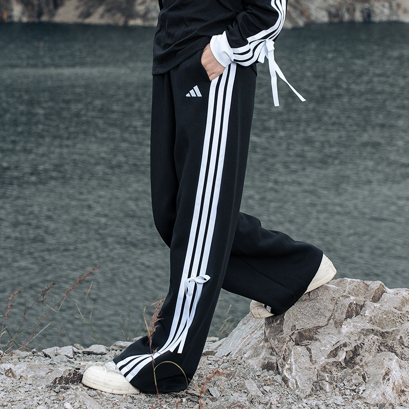 阿迪达斯长裤女裤秋季新款三条纹运动裤直筒裤蝴蝶结扭扭裤香蕉裤