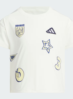 阿迪达斯印花T恤童装休闲半袖儿童运动服透气短袖时尚上衣JM3438