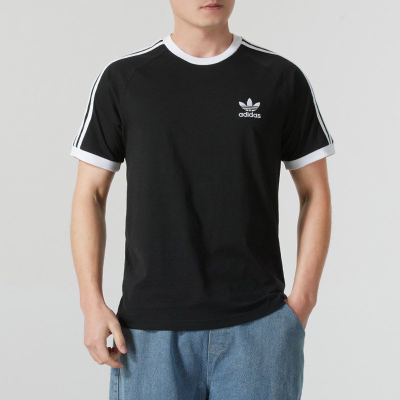 阿迪达斯短袖男款夏季黑色三叶草三条纹修身版休闲半袖T恤KB245