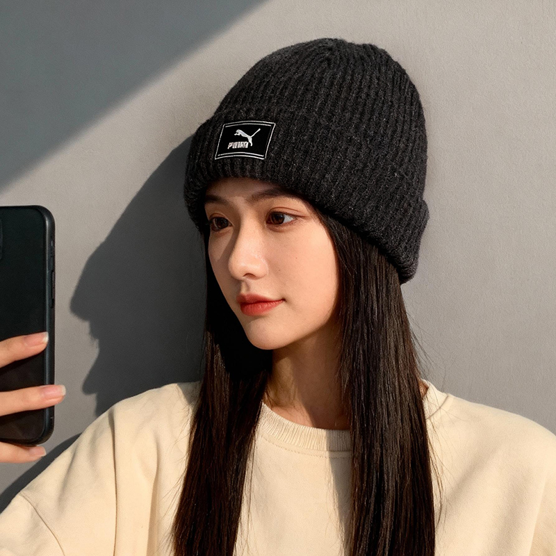 PUMA彪马线帽男女帽冷帽冬季保暖黑色针织休闲帽情侣套头帽毛线帽