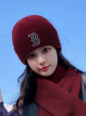 MLB酒红色毛线帽张凌赫KARINA同款复古搭针织帽25冬季新款帽子