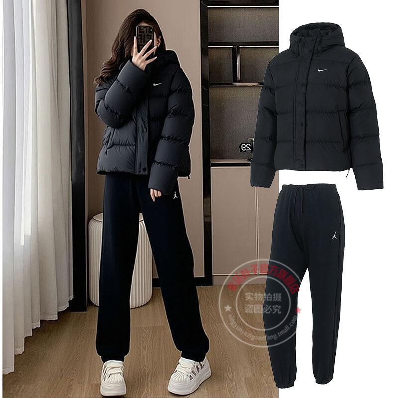 Nike耐克运动套装女装2025秋季新款连帽防风羽绒服针织毛圈束脚裤