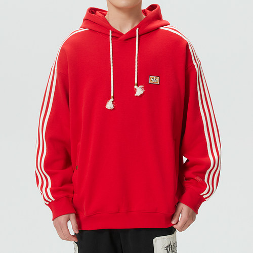 阿迪达斯卫衣男装马年新年款CNY红色运动服连帽休闲套头衫KT0646