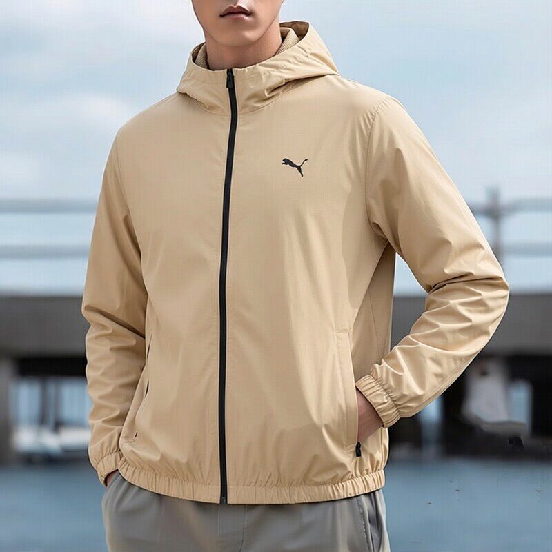 PUMA彪马卡其色外套男装2026春季运动服跑步健身训练连帽梭织