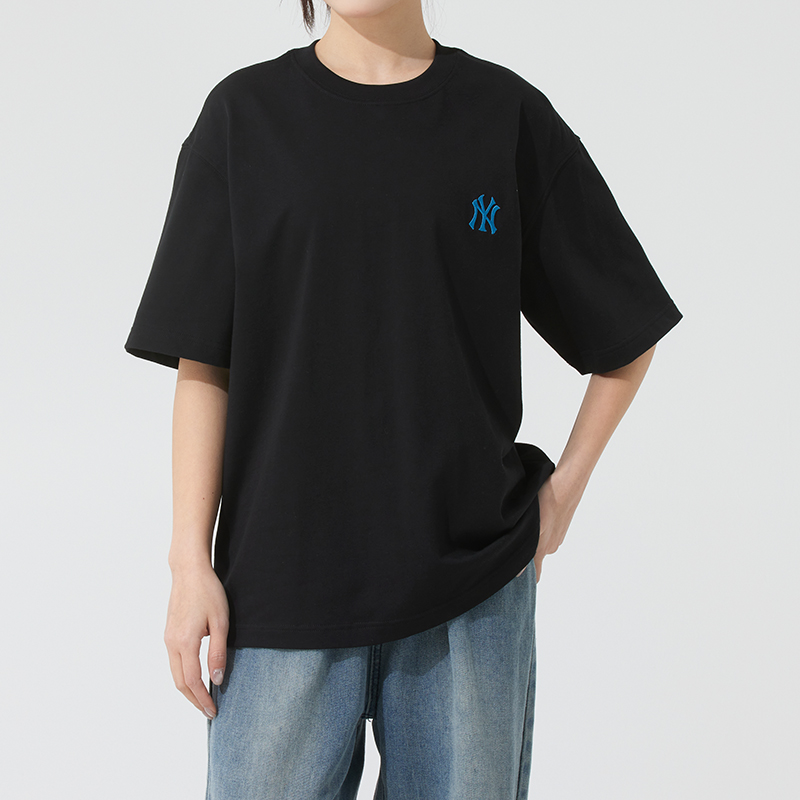 MLB官方 黑色短袖男装女装2025新款宽松运动服休闲T恤圆领五分袖