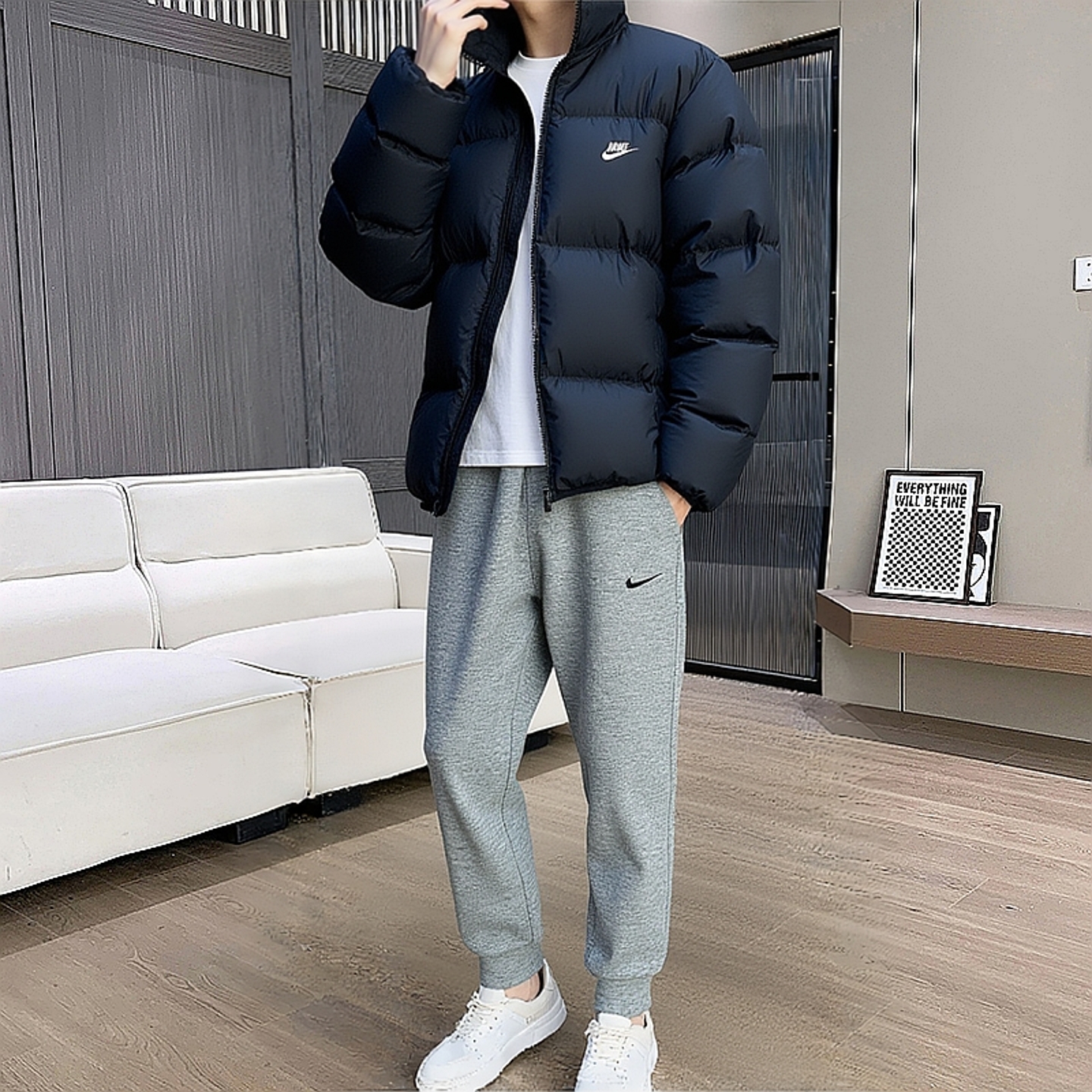 NIKE耐克运动套装男款立领面包服夹克裤子羽绒服外套加绒长裤两件