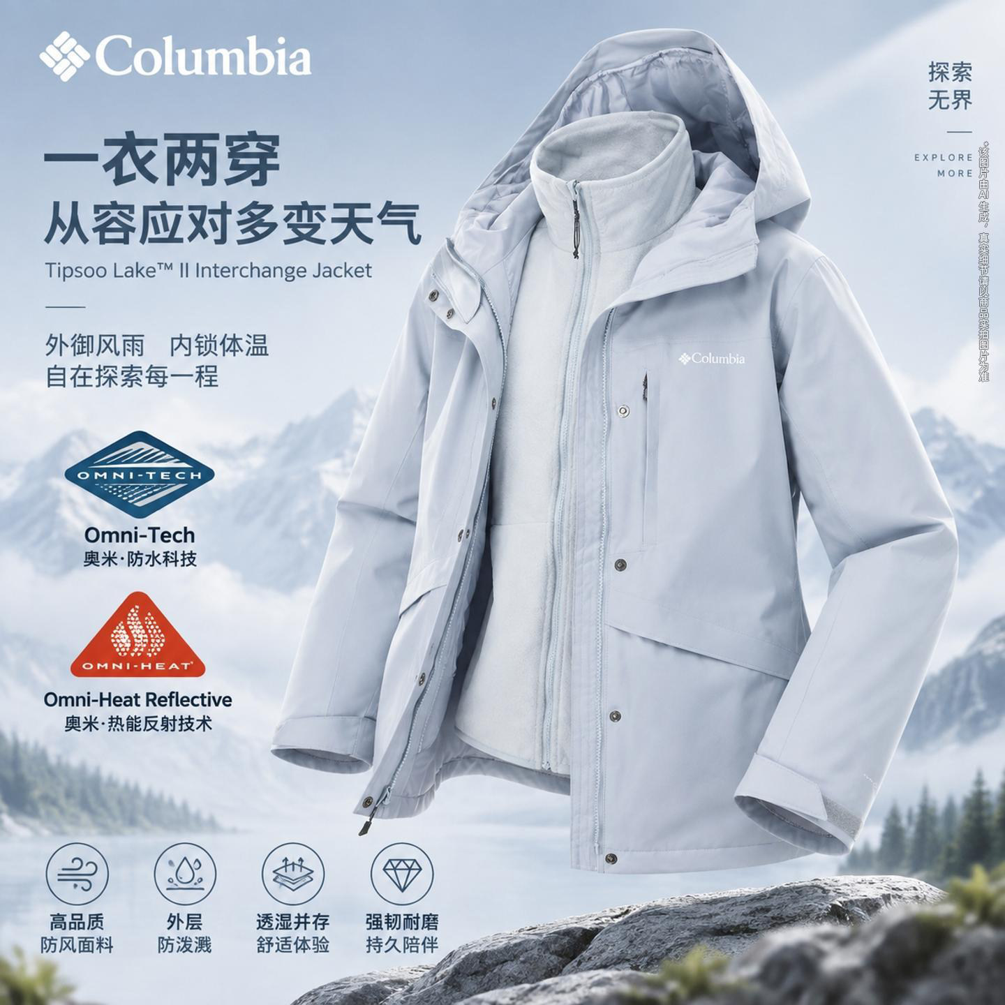 幸运叶子丨哥伦比亚三合一冲锋衣女防水外套抓绒内胆银点保暖上衣