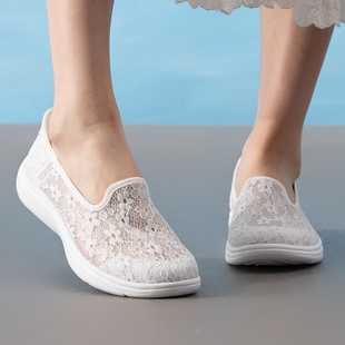 Skechers斯凯奇25秋女薄蕾丝一脚蹬浅口透气休闲健步鞋 WHT 138363