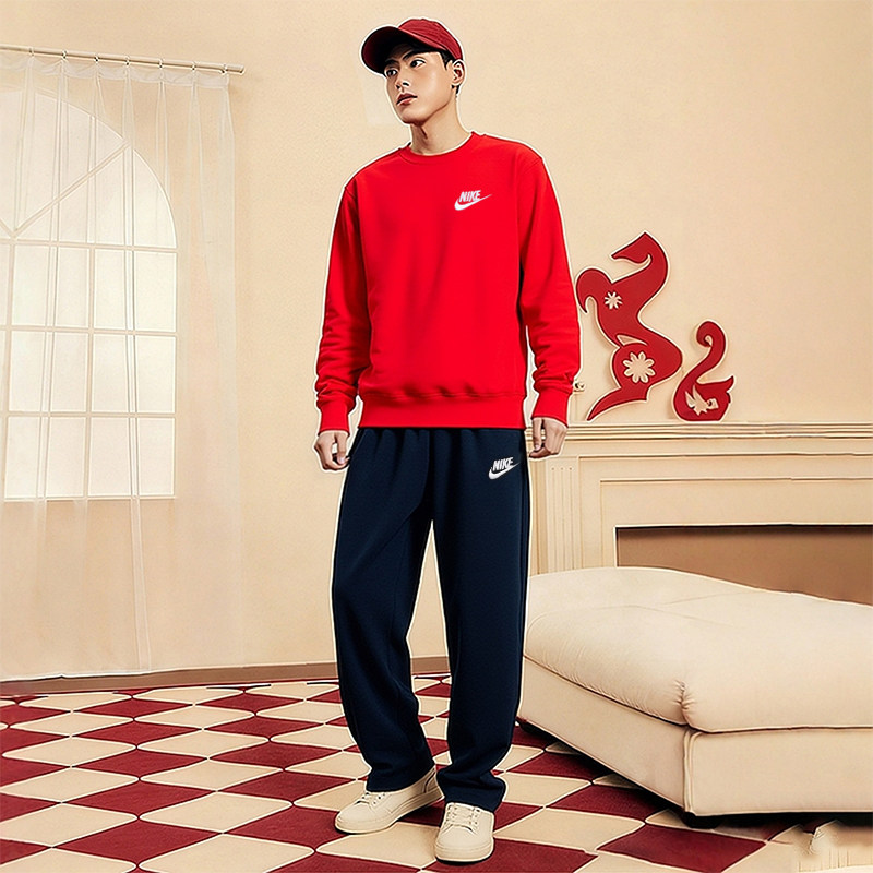 Nike耐克运动套装男装2025冬季新款红色圆领卫衣直筒裤卫裤两件套