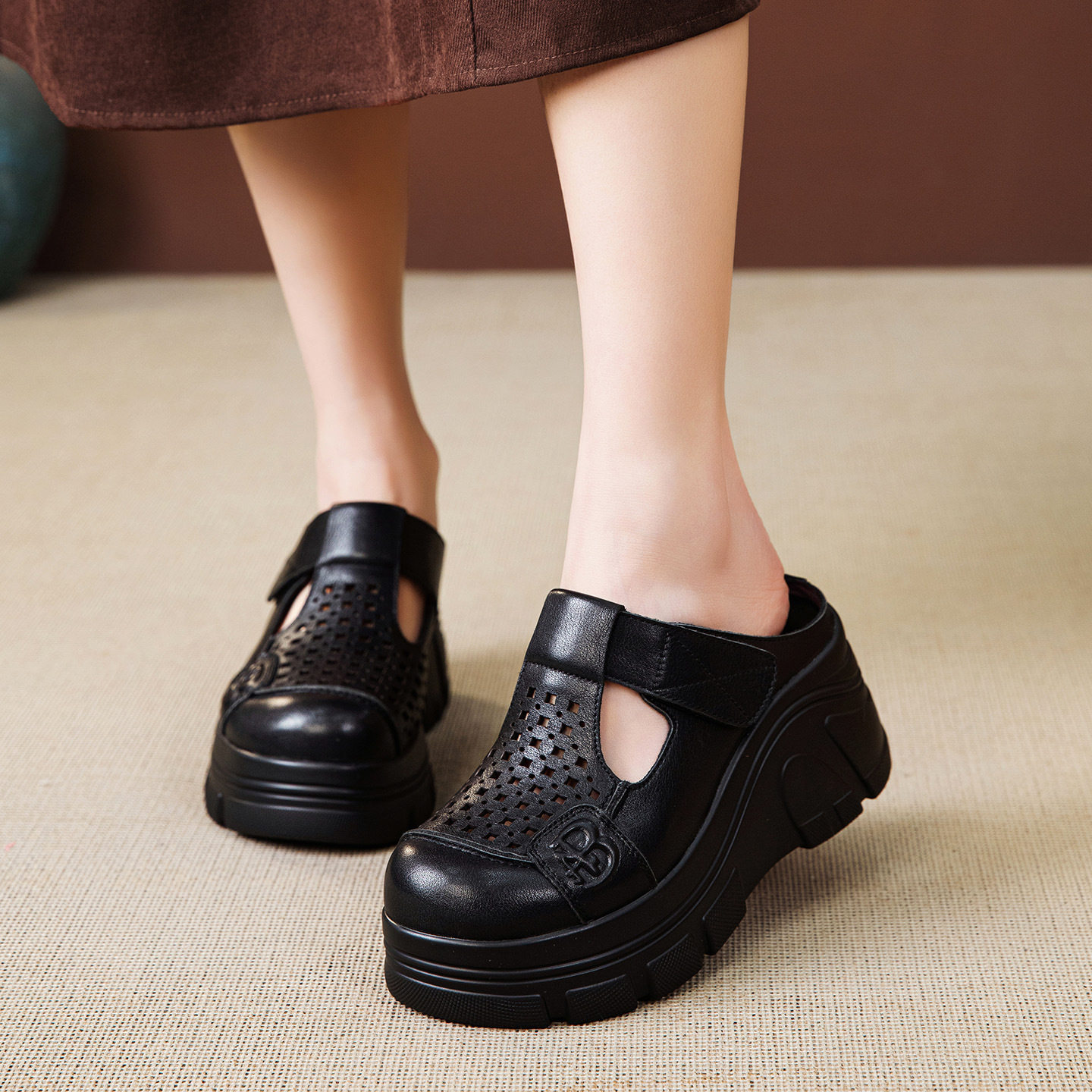 《头层牛皮》夏季真皮厚底防滑包头拖鞋女外穿小个子增高透气凉拖