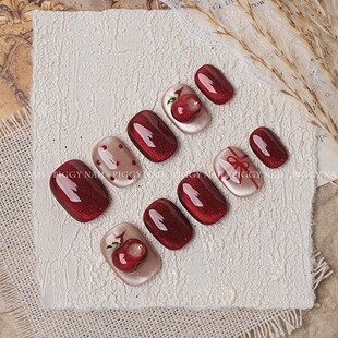 【红苹果猫眼】纯手工穿戴甲立体捏捏苹果红色猫眼圣诞新年显白款