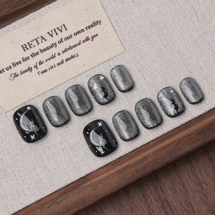 Piggy【月夜星芒】手工穿戴甲日常手绘黑色显白美甲短甲片