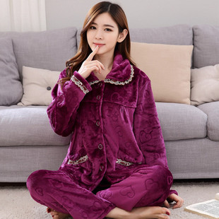 法兰绒家居服套装 长袖 胖mm200斤加厚珊瑚绒睡衣女加肥加大码 冬季