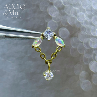 ACCIO&Mu复古镀金钛合金澳宝锆石耳钉吊坠内螺纹镶钻耳骨钉flat