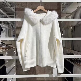 Brandy BM温柔慵懒风大毛领连帽拉链针织开衫女bm白色毛衣外套潮
