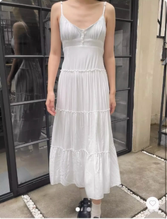 Brandy BM美式花边领三粒扣白色吊带连衣裙bm度假风沙滩裙蛋糕裙