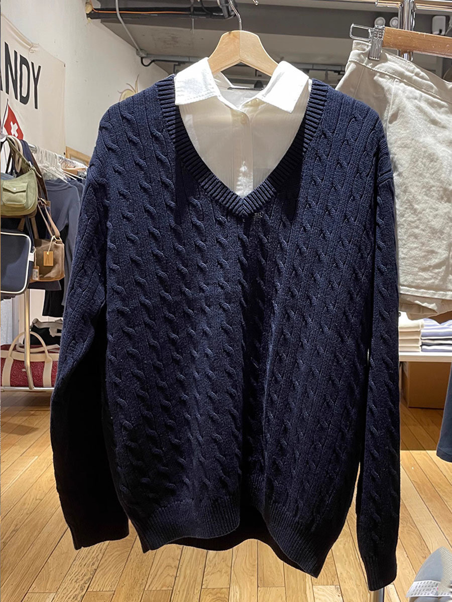 Brandy BM美式学院风V领麻花藏青色毛衣bm新款卫衣休闲套头针织衫
