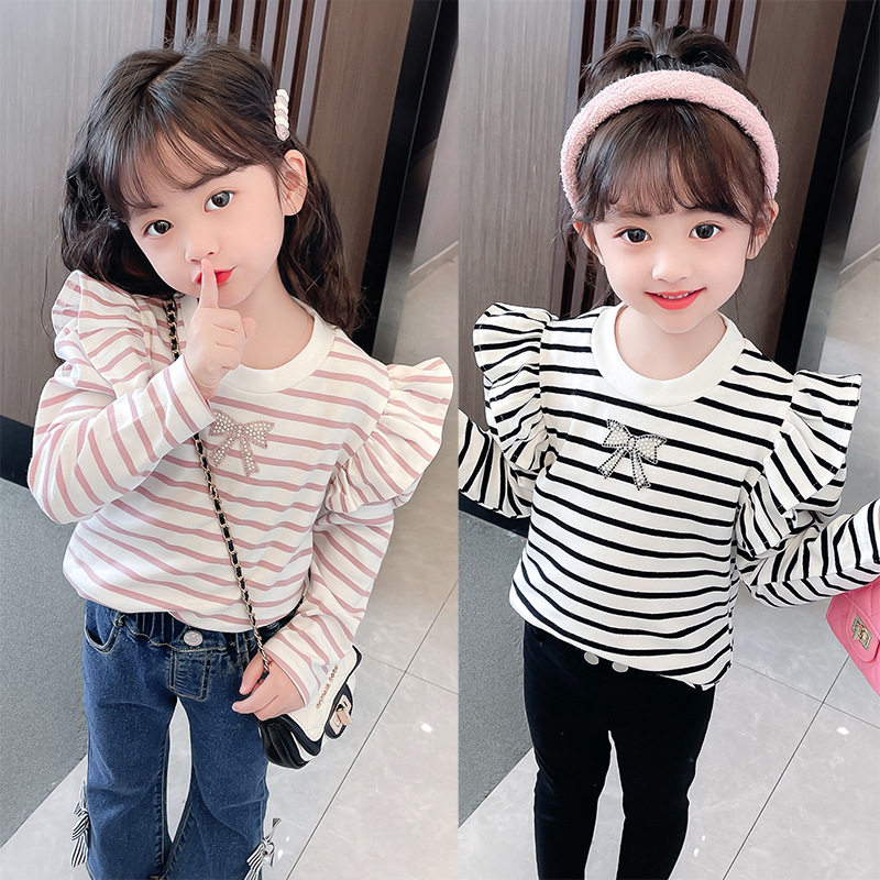 左西正女童装儿童2026新款春装上衣条纹衫打底衫飞袖蝴蝶套头棉布