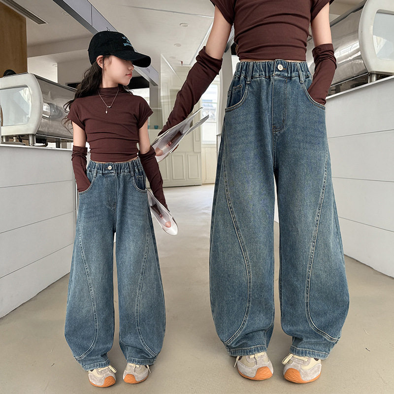 左西正女童牛仔裤春秋款2026新款大童女装潮酷穿搭弯刀裤初中生阔