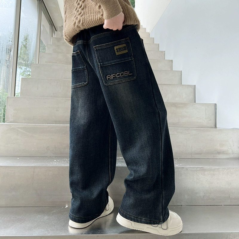 左西正男童牛仔裤2026新款儿童加绒长裤中大童休闲裤子宽松男孩时