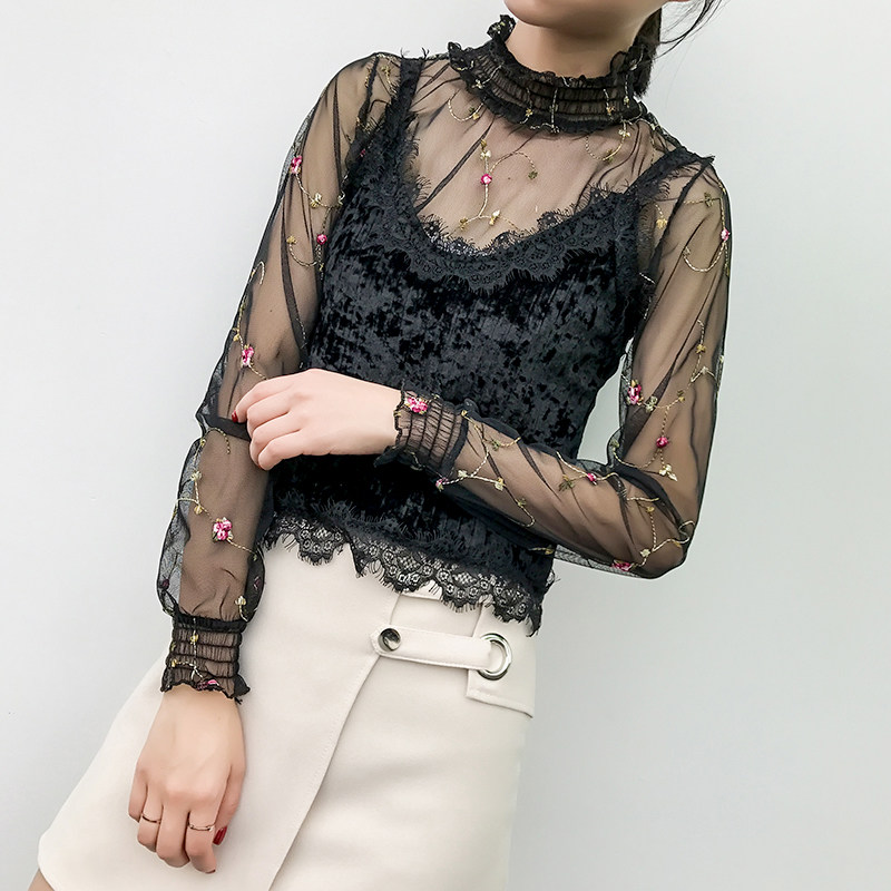 2025春季套装女金丝绒小吊带蕾丝花边+高领透明打底衫长袖两件套