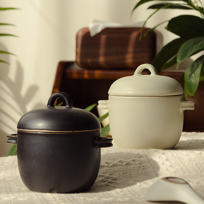 莳绘金缮粗陶日式简约带盖双耳炖盅家用隔水炖蒸蛋碗燕窝甜品汤盅