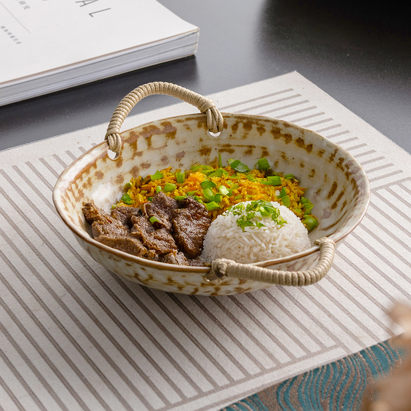 复古双耳绳编圆盘防烫手工菜盘
