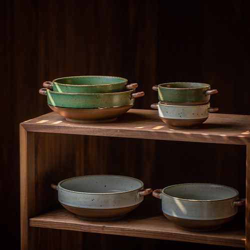 莳绘金缮粗陶复古石口双耳碗