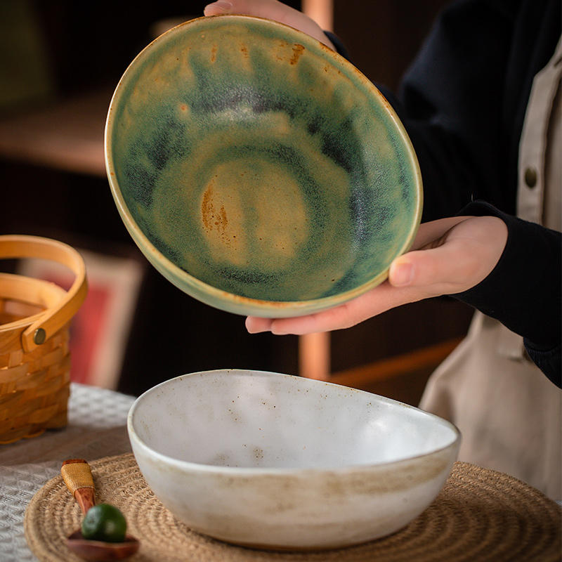 莳绘金缮粗陶复古元宝碗家用面碗