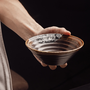 窑变釉螺纹斗笠碗景德镇陶瓷餐具复古风粗陶饭碗家用 莳绘金缮日式