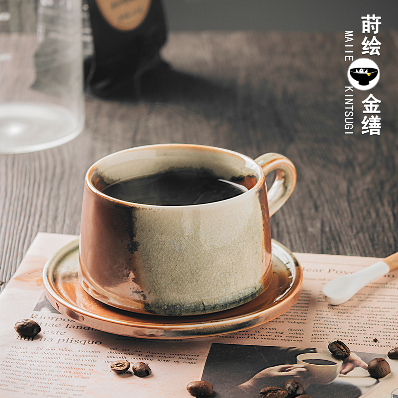 复古粗陶咖啡杯网红挂耳咖啡杯碟套装陶瓷日式vintage带勺子杯子