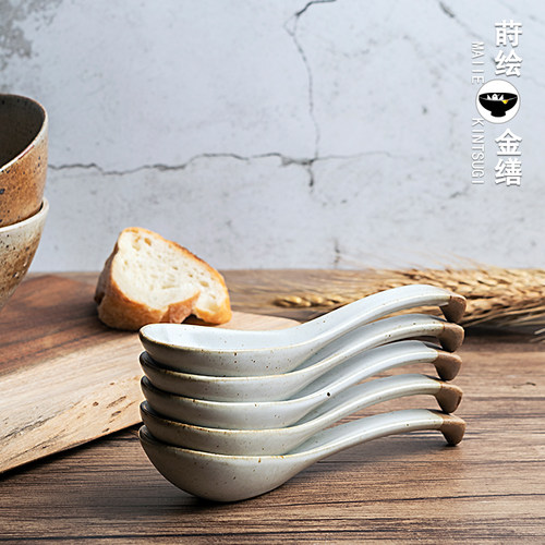 日式吃饭勺子手工粗陶短勺复古