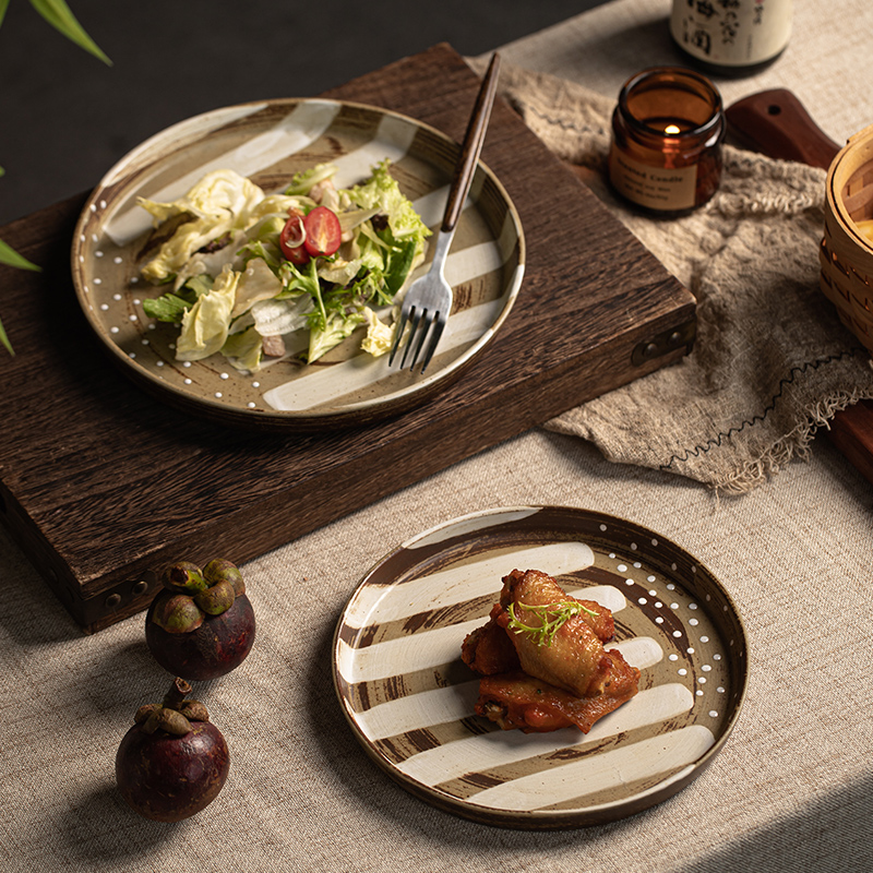 手绘中古粗陶牛排盘日式菜盘家用