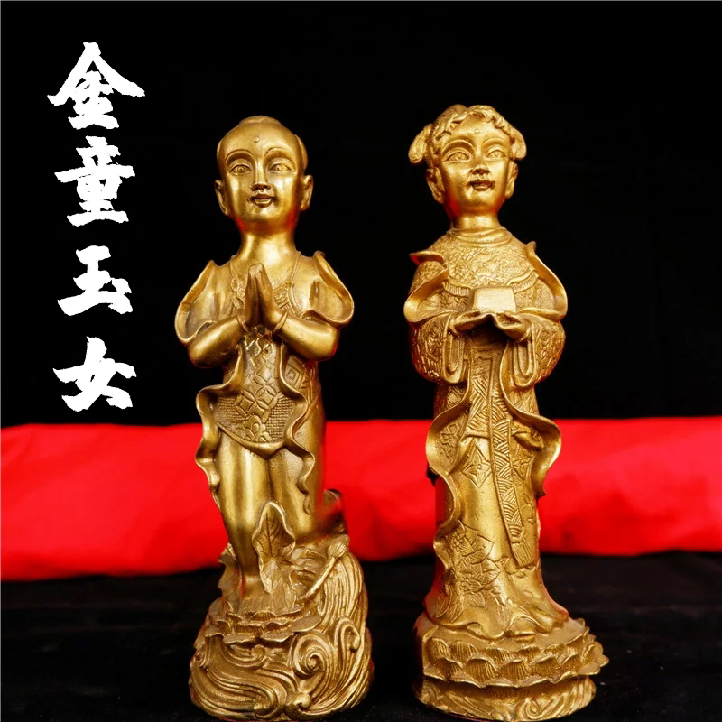 金童玉女铜像善财童子龙女观音伺从护法铜贴真金佛像居家供奉摆件