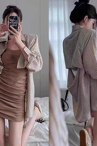 夏秋季2023年条纹衬衫后背镂空外套纯色抽绳连衣中裙两件套女